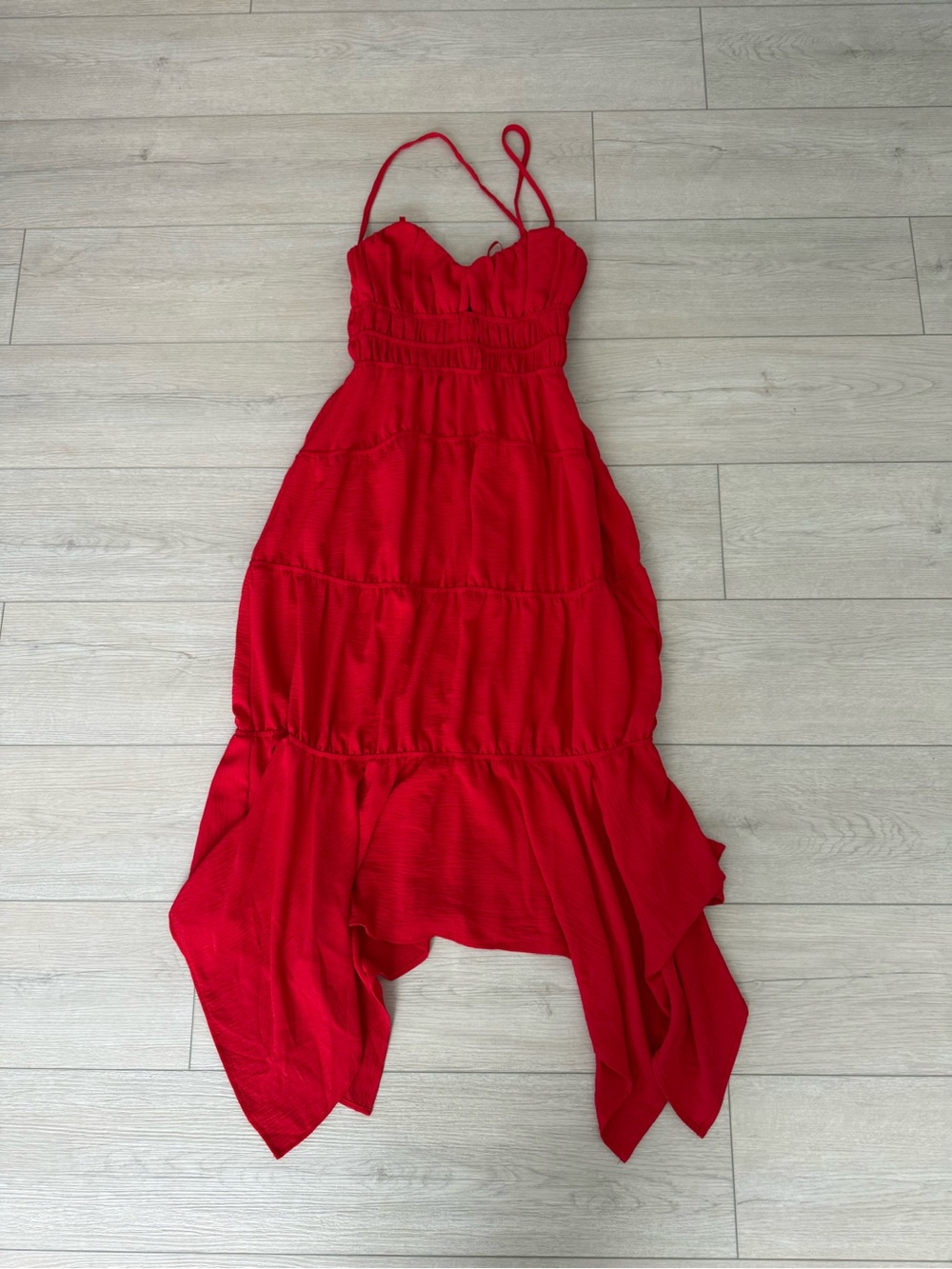 Monteau Red Spaghetti-Strap Maxi Dress with Handkerchief Hem